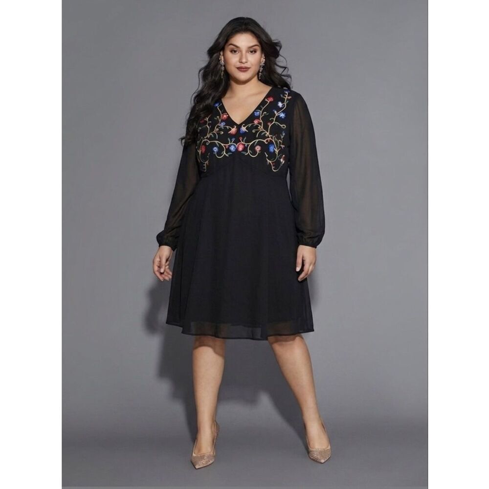 Cato Black Dress Floral Embroidered Boho Flowy Long Sheer Sleeves Size 16